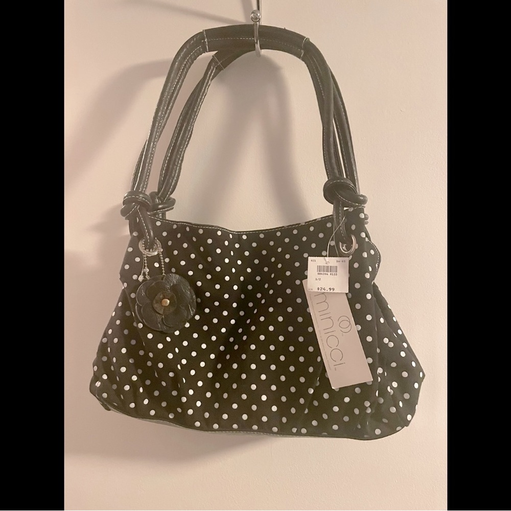 Minicci bag, black with white polka dots, includes a Good Life Roots wallet